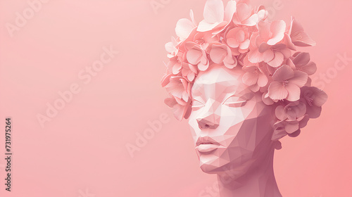 A beautiful origami-style female face on a plain background in peach color with a place to copy. © Свет Лана