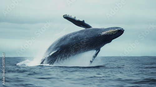 A humpback whale is jumping out of the water. photo