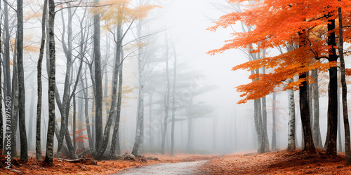 Path in a foggy autumn forest. Wonderful autumn forest