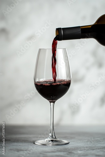 Red wine from a bottle served in a stemmed glass in front of a marbled base. Vin rouge d'une bouteille servie dans un verre a pied devant un fond marbré.