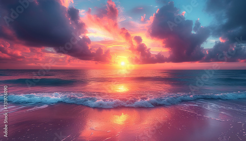 Beautiful sunset at sea and dramatic clouds on background, generative ai. © JKLoma