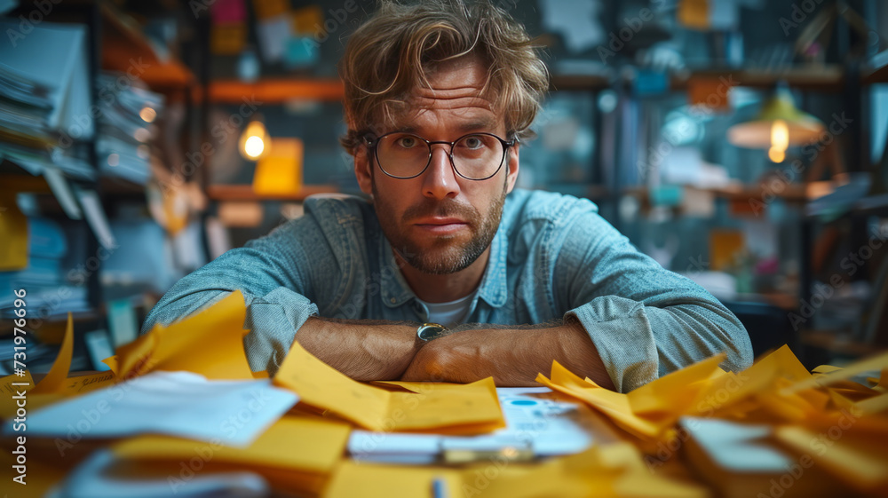 busy office business manager male with sprint planning vs sprint review in chaos background, generative ai. busy office business manager male with sprint planning vs sprint review in chaos background, generative ai.