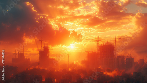 City building construction sites development and tower cranes day time, generative ai. photo