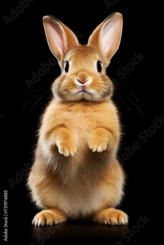 Cute little rabbit standing on its hind legs on a black background