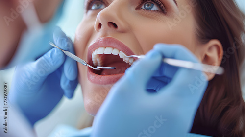 A close-up of a woman undergoing a dental examination at the dentist. Oral hygiene.
