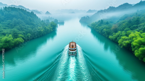 serene boat navigates through the calm, emerald waters of a river, flanked by mist-covered hills and lush greenery, evoking a sense of peace and solitude photo