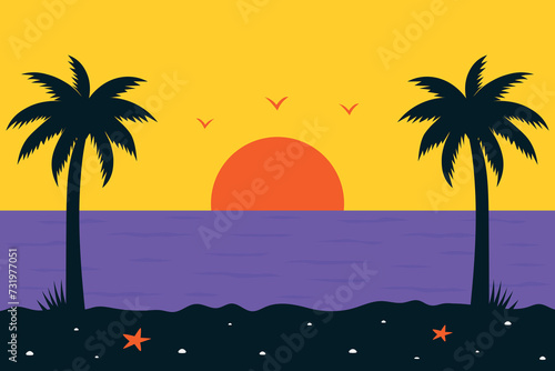 Fototapeta Naklejka Na Ścianę i Meble -  Beach background. Sunset on the beach with palms. Vector illustration.