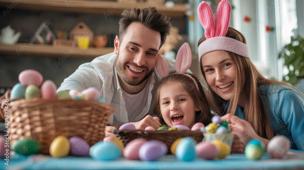 A happy family is preparing for Easter. The concept of Easter. A happy family is preparing for Easter. The concept of Easter.
