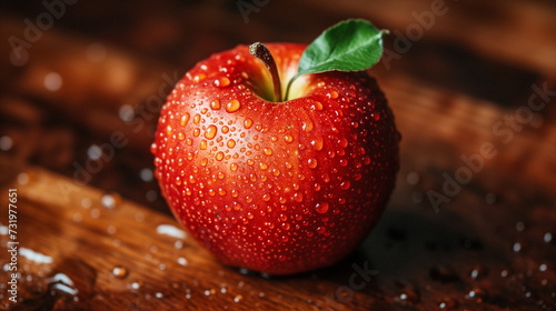 fresh red apple with water droplets is featured prominently against a dark wooden background, highlighting its freshness and vibrant color