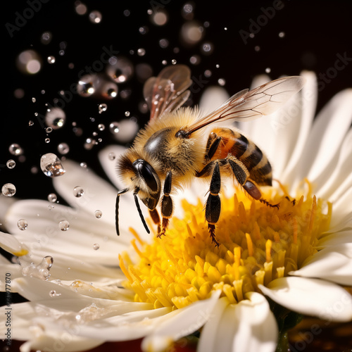 Abeille se posant au coeur d'une marguerite après la pluie pour butiner le pollen. On voit les gouttes de pluie qui tombent de la fleur. Insecte pollinisateur.  photo