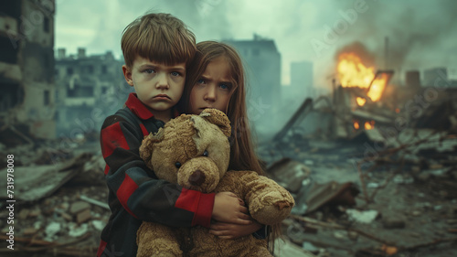 Desperate Poor Afraid Child boy and girl crying Standing holding Old teddy bear in The Middle of War Zone Deserted Demolished City Buildings Burning in the Background,generative ai