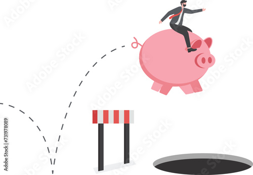 Business trap. Businessman riding a piggy bank running and jumping

