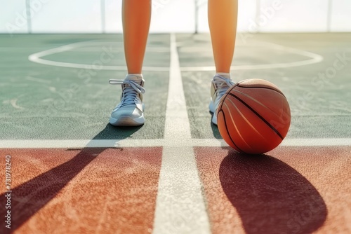 crop anonymous female basketball player standing near ball on marking line in center of court sunny day photo