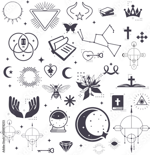 Seamless pattern with magical elements. Set of linear vector illustrations. Celestial illustrations depicting the sun, moon, planet, clouds. design elements for decoration in a modern style. Mystical