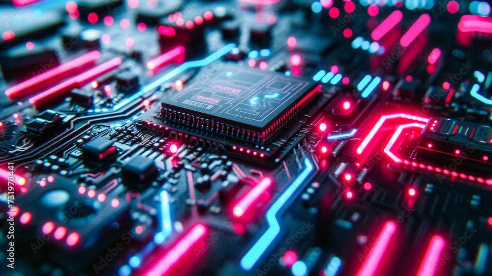 Advanced Electronics, Close-Up of a Microchip on a Circuit Board, Technology and Engineering Concept Advanced Electronics, Close-Up of a Microchip on a Circuit Board, Technology and Engineering Concept