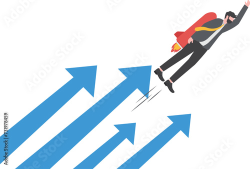 Growth for success, professional or expert to grow business, high performance or leadership, winner motivation concept, businessman flying high in the sky with growth rising up arrows.

