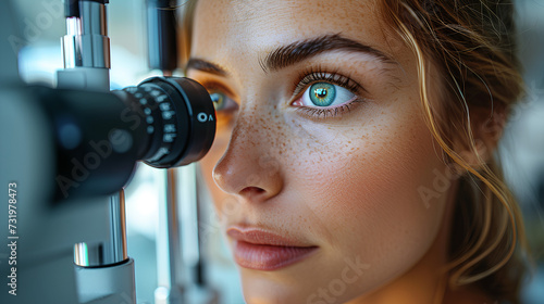 An ophthalmologist checks his eyesight with the help of modern equipment. Doctor's Day. photo