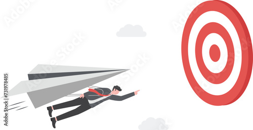 Goal achievement, challenge or mission to win and achieve success target, leadership, motivation and skill to reach work objective concept, businessman flying fast through business target.

