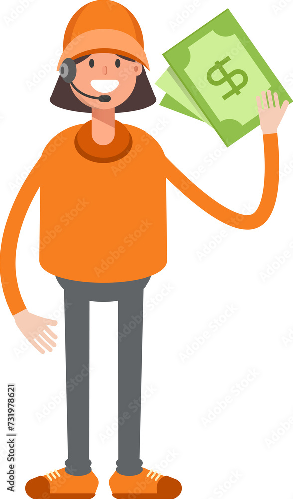 Customer Service Girl Character Holding Dollar Banknotes
