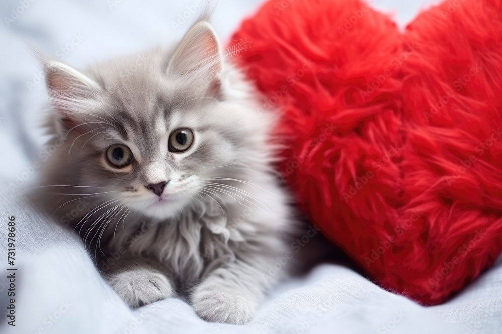 Gray fluffy cat with red knitted heart, Valentine's day, Mother's day and love concept. Copy space