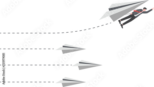 Innovative way to win business competition, think difference or choose our own winning direction, ambition and creativity concept, businessman flying on glider in growth direction to win the challenge