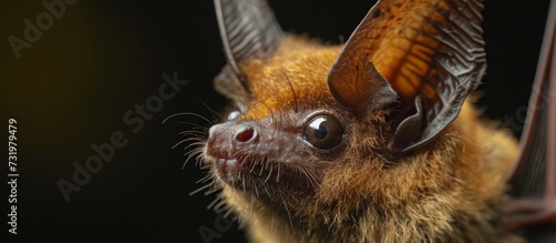 A macro photograph capturing the detailed face of a fawn-colored bat against a black background, revealing its fur, whiskers, and terrestrial animal features in the darkness.