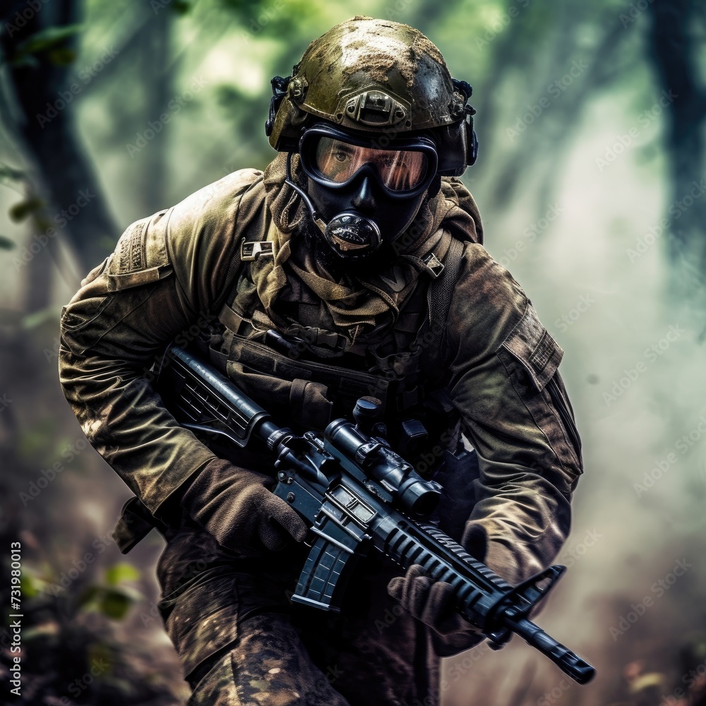 Soldier wearing a gas mask is running through the woods. Soldier wearing a gas mask is running through the woods.