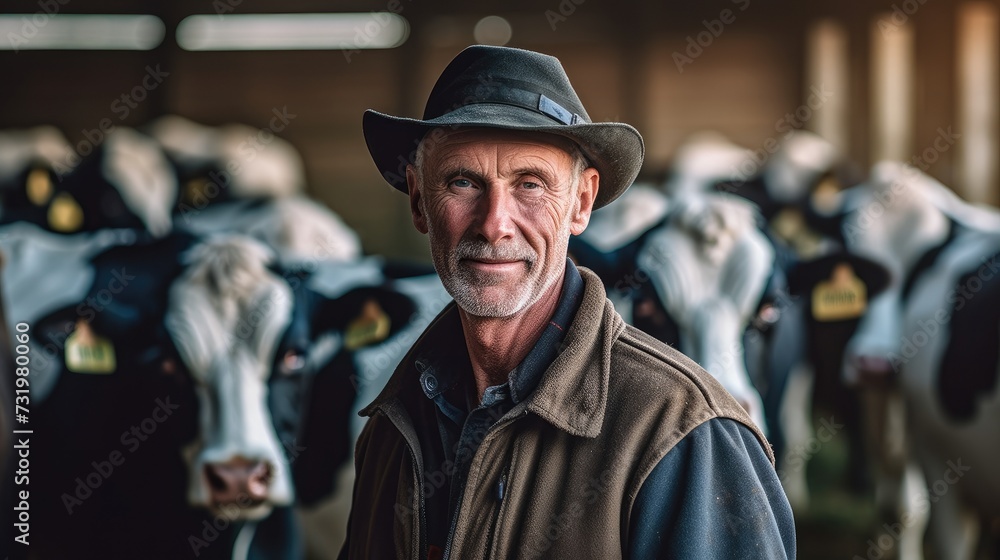 Man in a hat standing in front of a herd of cows.