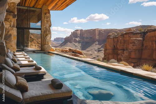 maison luxueuse avec piscine à débordement et plage pour les transats avec vue sur le canyon d'un désert en Arizona, USA. 
