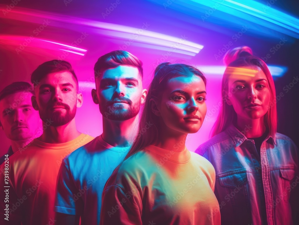 Group of people standing in front of colorful lights. Group of people standing in front of colorful lights.