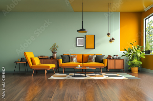 salon très coloré dans les tons orange et vert amande, avec des meubles des années 70s. sofa, coussins, lampes suspendues et 2 tableaux Mock-up photo