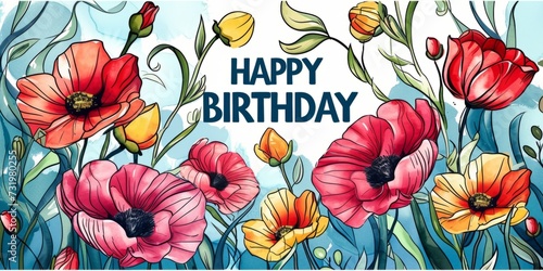 a watercolor painting of flowers with the text HAPPY BIRTHDAY Generative AI