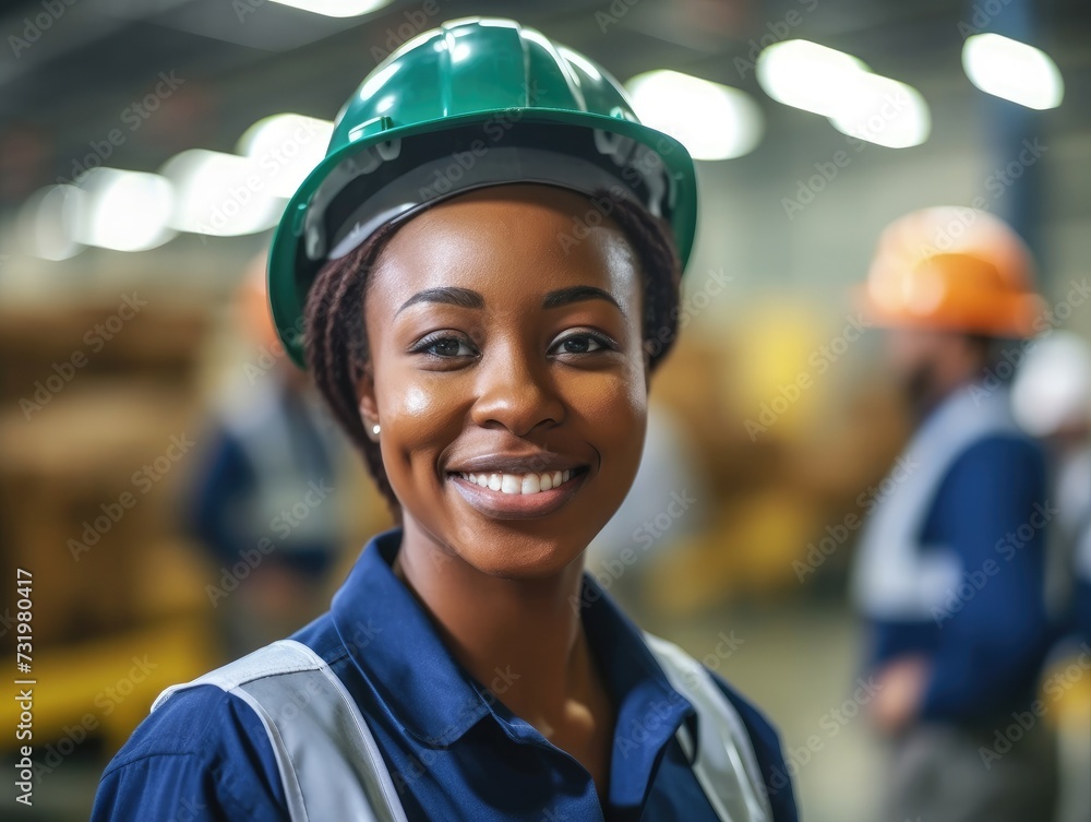 Woman wearing a hard hat in a factory. Woman wearing a hard hat in a factory.