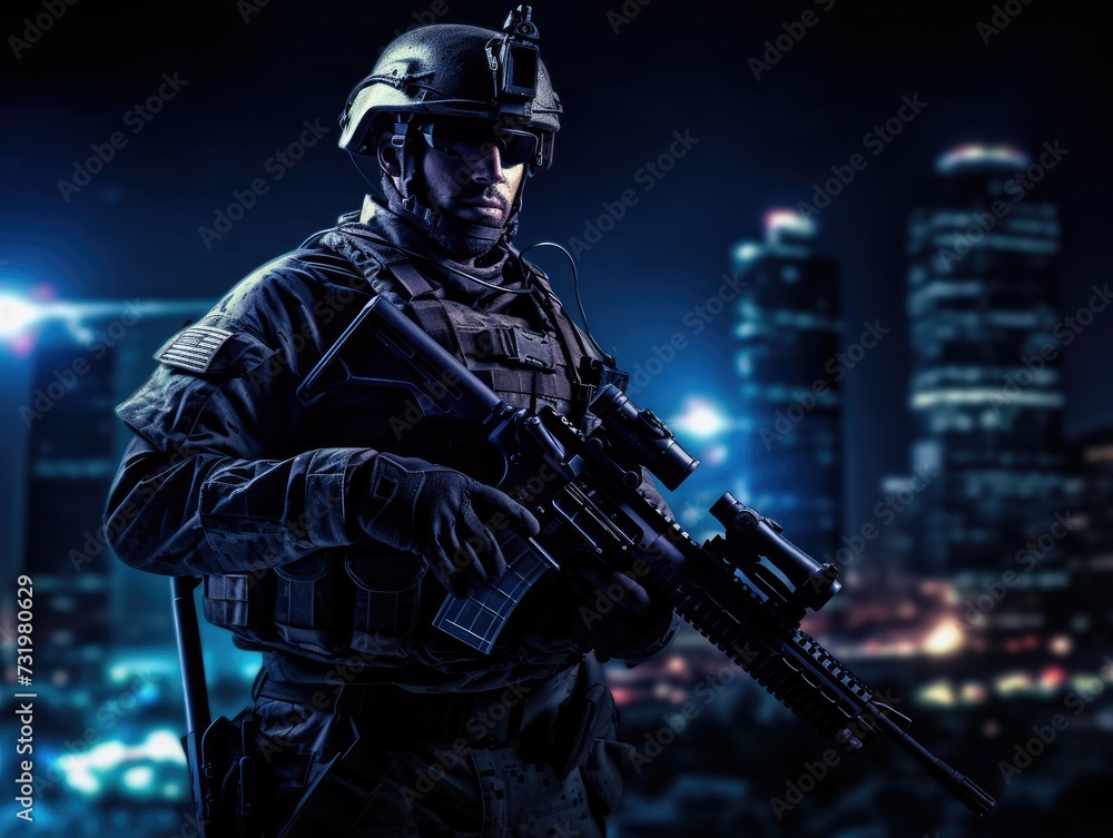 Naklejka premium Soldier holding a rifle in front of a city at night.