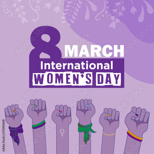 Banner del día internacional de la mujer, 8 de marzo con ilustración de puños arriba de lucha y flores en el fondo