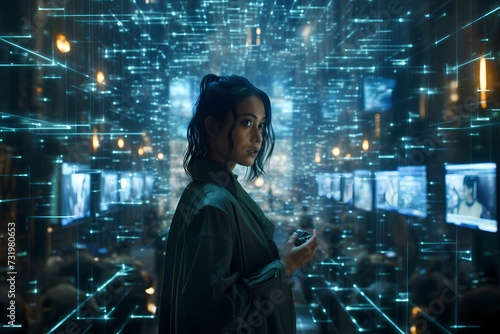 Unveiling the fusion of humanity and technology  a woman stands in a high-tech environment  exploring intricately connected databases  captured in a cinematic frame with modern HD finesse.