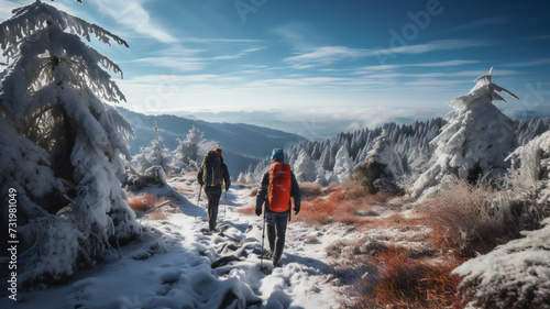 hiking in the mountains, forest. People on the top of snow covered mountain walking. Winter travel, vacation