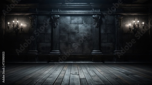 Eerie and atmospheric empty dark scene with an aged wooden floor as a background © Aliaksandra