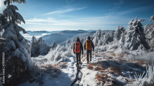hiking in the mountains, forest. People on the top of snow covered mountain walking. Winter travel, vacation