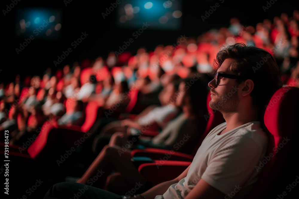 Homme avec des lunettes dans une salle de cinéma ou une salle de spectacle qui regarde le film ou le spectacle pièce de théâtre.. En arrière plan la foule est floutée. - obrazy, fototapety, plakaty 
