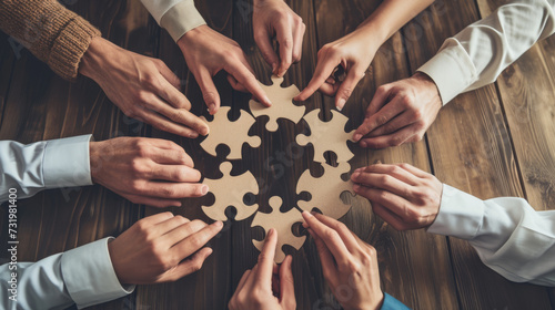 Several hands from different people coming together to connect pieces of a jigsaw puzzle, symbolizing teamwork and collaboration. photo
