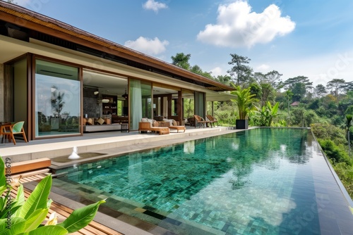 Luxury eco-style tropical villa with pool. Spacious terrace, panoramic windows, sunbeds, many plants, picturesque landscape. Contemporary eco-friendly architectural design for residential houses. © Fat Bee