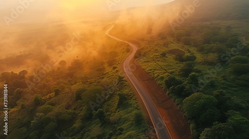 Aerial view of a beautiful mountain road, at sunrise