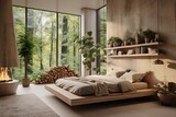 Tranquil bedroom retreat designed with sustainability in mind. Green potted plants, light, natural hues for the walls
