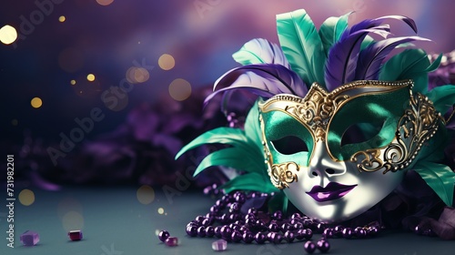 Lively mardi gras mask and beads on gradient background with space for text or design