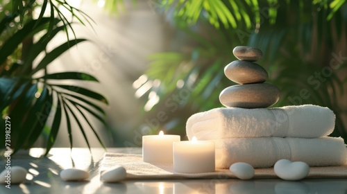 Spa background with balance rocks, candles, towels. Relaxation, massage, beauty, meditation, feng shui concept banner with place for text