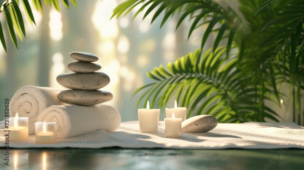 Obraz premium Spa background with balance rocks, candles, towels. Relaxation, massage, beauty, meditation, feng shui concept banner with place for text