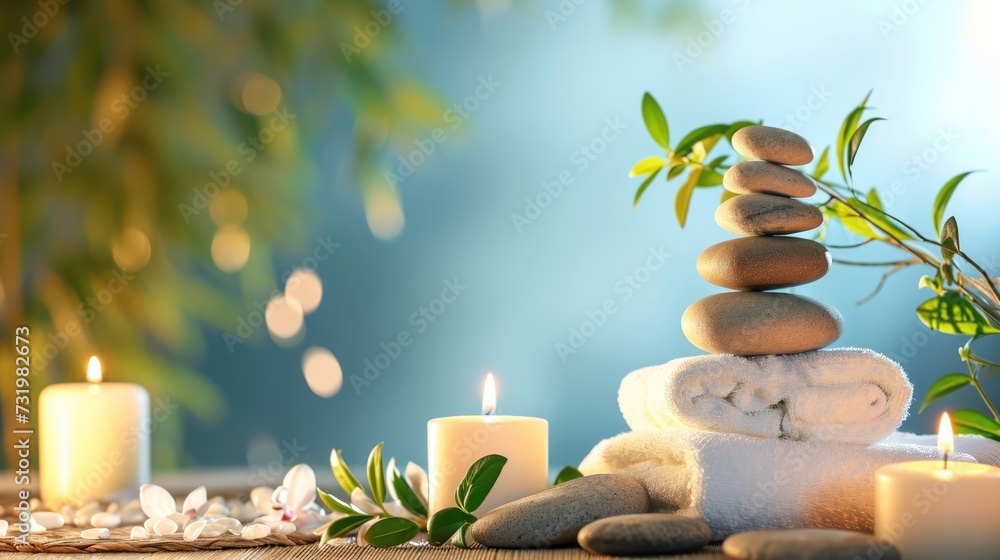 Spa background with balance rocks, candles, towels. Relaxation, massage, beauty, meditation, feng shui concept banner with place for text Spa background with balance rocks, candles, towels. Relaxation, massage, beauty, meditation, feng shui concept banner with place for text