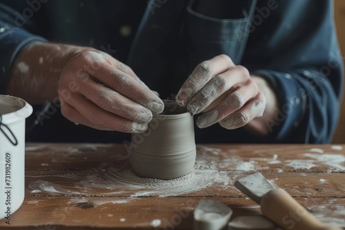 Unrecognizable ceramist using clay and creating cup while sitting at table photo