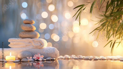 Spa background with balance rocks  candles  towels. Relaxation  massage  beauty  meditation  feng shui concept banner with place for text